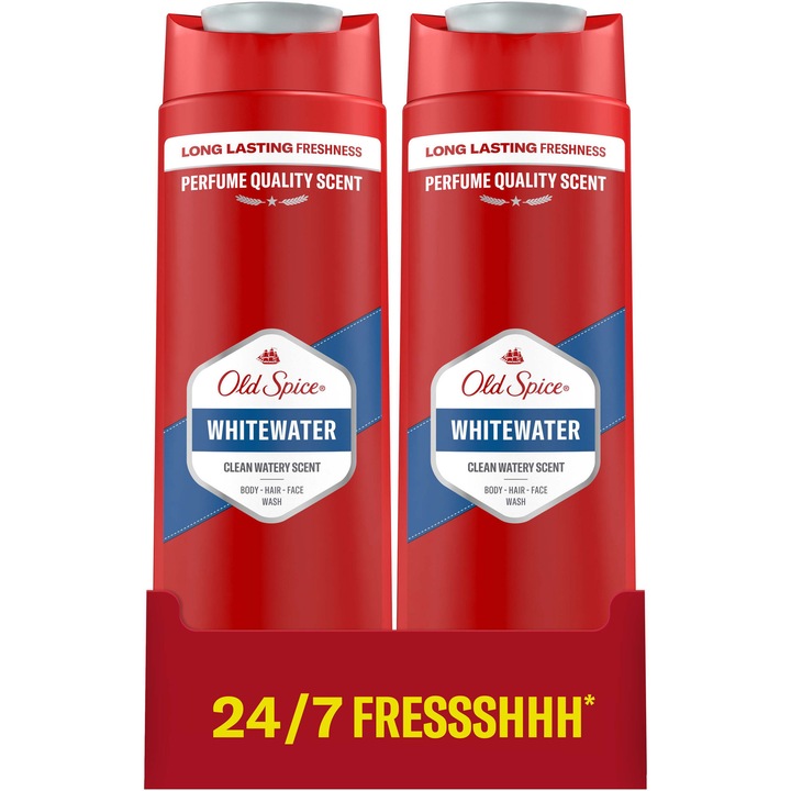 Комплект 2 x 3 в 1 Old Spice Whitewater душ гел и шампоан за тяло, коса и лице, 2 х 400 мл