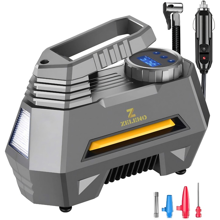 Compresor auto, portabil, multifunctional, afisaj digital, iluminare LED, oprire automata, DC 12V, 120W, 35L/min, cablu de alimentare 3m, 4 capace ventile, design compact, negru