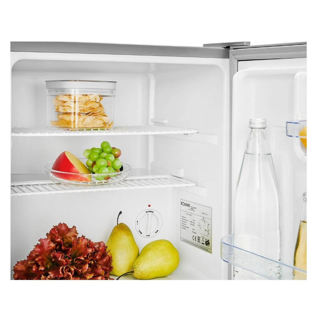 Frigider minibar Bomann, Cool Box, H 51 cm, volum 42 litri, ideal pentru birou, hotel, camping, consum redus, 2 rafturi pentru depozitare, 2 compartimente pe usa, temperatura ajustabila, usa reversibila, picioare ajustabile, silentions, inox