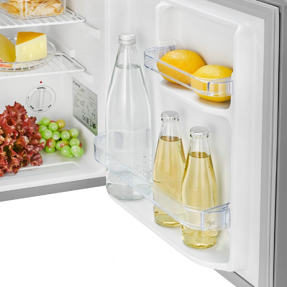 Frigider minibar Bomann, Cool Box, H 51 cm, volum 42 litri, ideal pentru birou, hotel, camping, consum redus, 2 rafturi pentru depozitare, 2 compartimente pe usa, temperatura ajustabila, usa reversibila, picioare ajustabile, silentions, inox