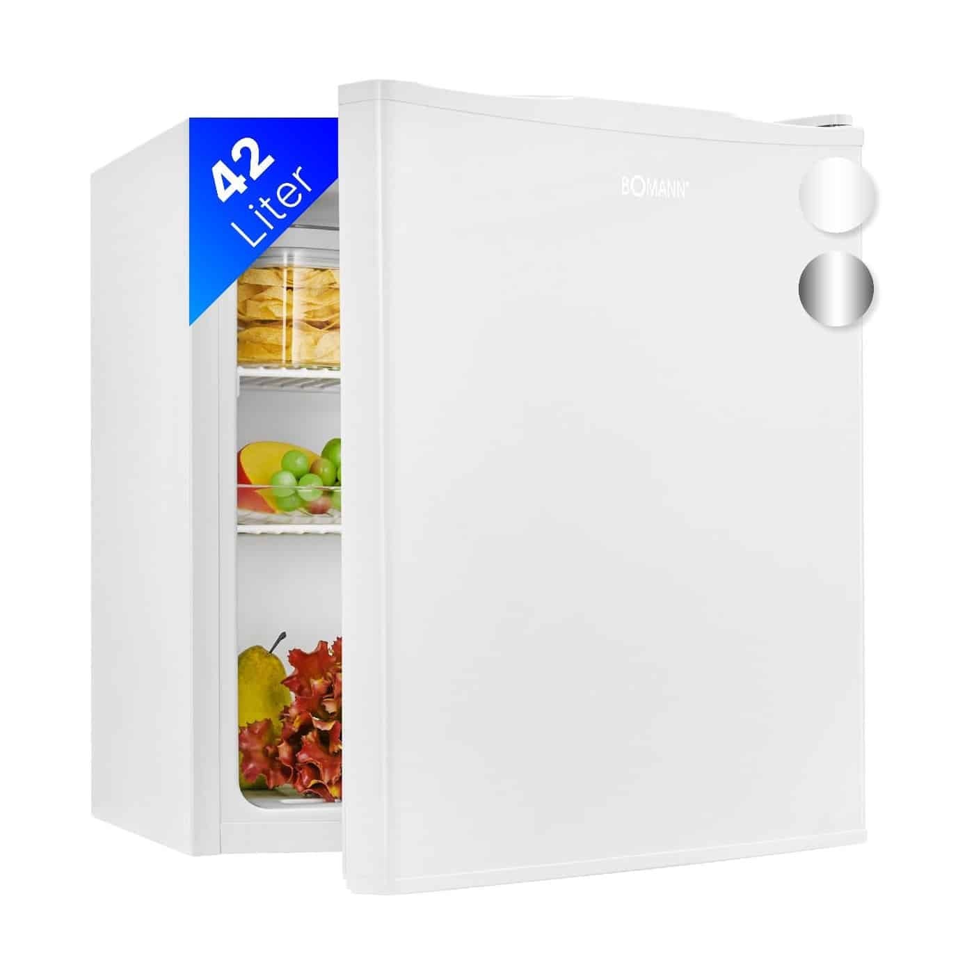Frigider minibar cu 1 usa Bomann, Cool Box, H 51 cm, volum 42 litri, ideal pentru birou, hotel, camping, consum redus, 2 rafturi pentru depozitare, 2 compartimente pe usa, temperatura ajustabila, usa reversibila, picioare ajustabile, silentions, alb