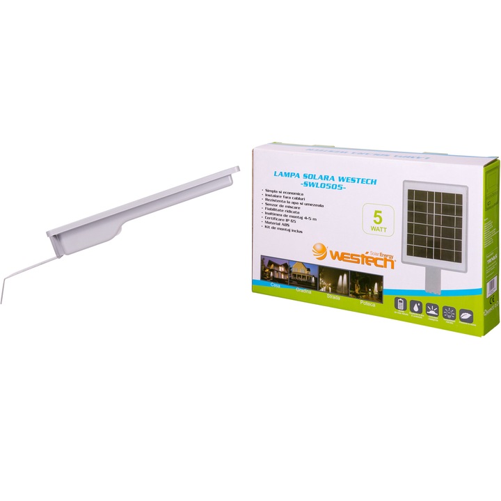 Lampa solara LED Westech SWL0505, cu senzor miscare, 5W, acumulator litiu 3.7V 4000 mAh, IP65