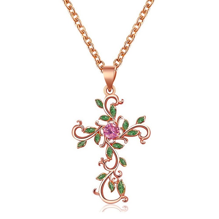 Colier dama, Zirconia Flower Cross Wrap frunza pentru femei Rosegold