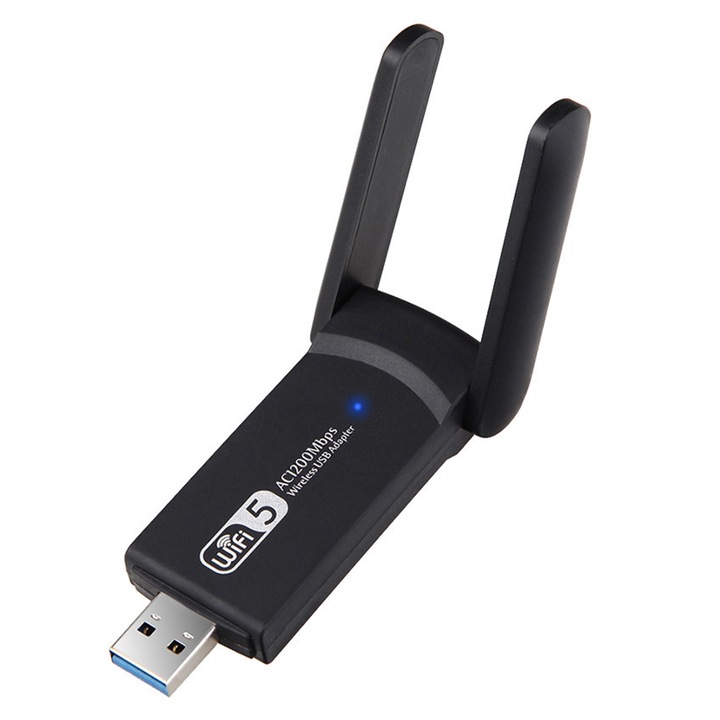 Adaptor Wireless Extender USB3.0, NUODWELL, Banda Duala 2.4Ghz- 5 Ghz, 1200 Mbps, Cu antene duble de mare castig 2dBi, Pentru PC Desktop Laptop, Suporta Windows 10/8/7/Vista/XP, Linux, Mac Os, Negru