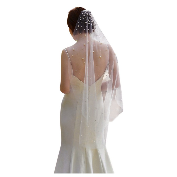 Voal de mireasa lung pana la degete, rotund, presarat cu margelute albe si cristale V135 Alb