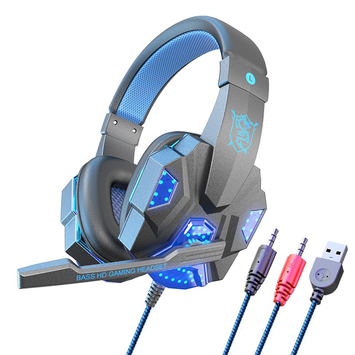 Casti profesionale pentru jocuri e-sport, microfon cu emisie de lumina LED, foarte usor, de inalta sensibilitate, cu reducere a zgomotului, sunet surround, calitate a sunetului HIFI, imbunatateste experienta de joc