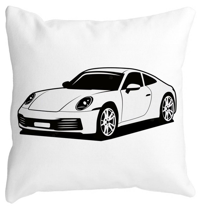 Porsche 911 négyzet alakú díszpárna, 40x40 cm, fehér, matt, levehető huzat, fújtató