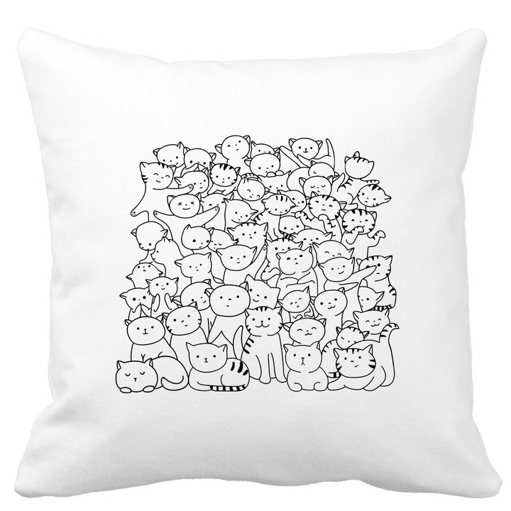 Perna Decorativa Patrata Cat Life, 40x40 cm, Alba, Mata, Husa Detasabila, Burduf