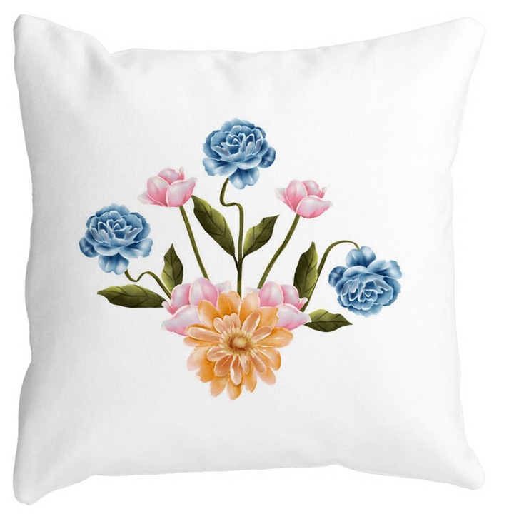 Négyzet alakú szőnyeg virágos dekoratív párnahuzat rózsa arany és kék, 40x40 cm