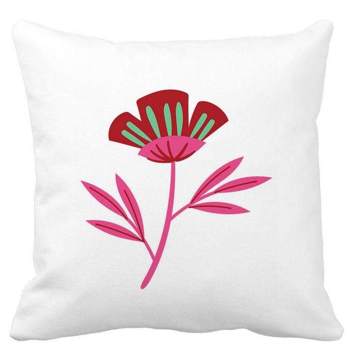 Red Paradise virágos négyzet alakú díszpárna, 40x40 cm, fehér, matt, levehető huzat, fújtató