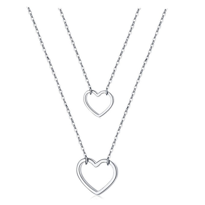 Дамско колие, двупластово със сребърна висулка сърце за жени