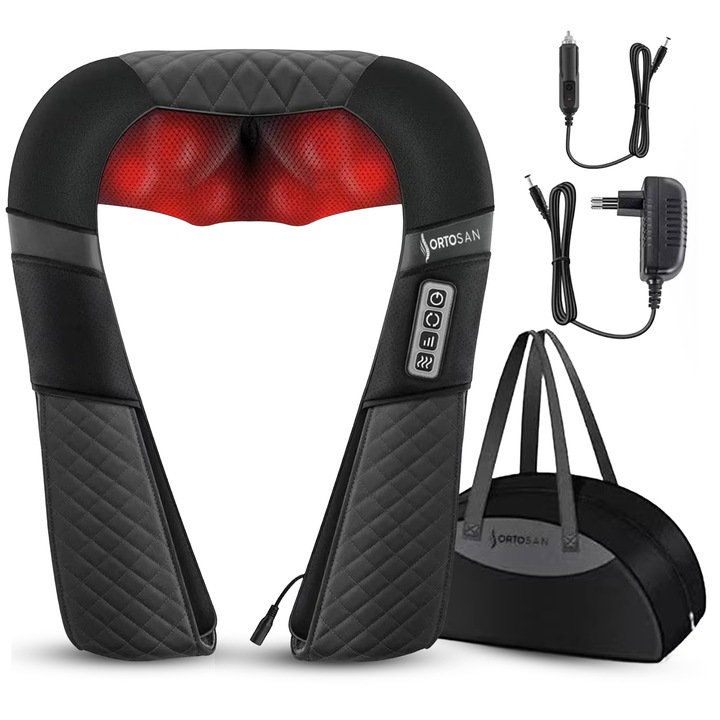Aparat Masaj Cervical, ORTOSAN®, Aparat Masaj Cervical Shiatsu Cu Incalzire Infrarosu, Aparat Masaj Cervical Gat Spate Lombar Abdomen Picioare, 8 Role Rotative Bidirectionale, 3 Intensitati, Alimentare Priza Si Auto, Geanta Transport, Negru