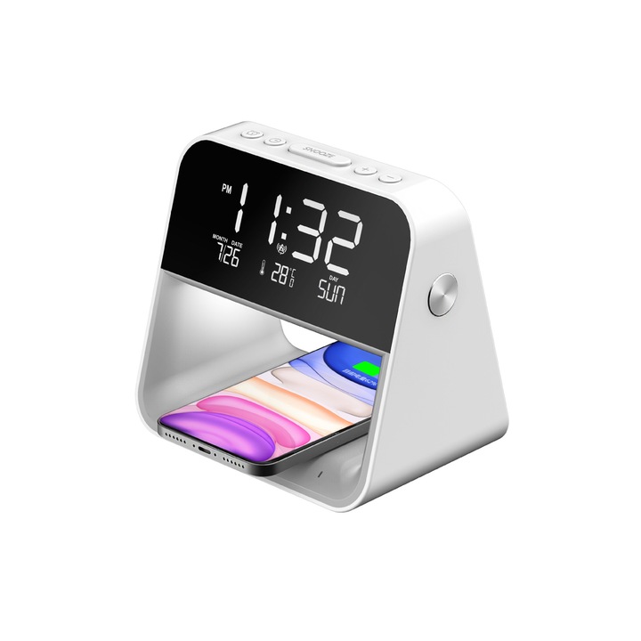 Led лампа с безжично зареждане телефонно бюро/мултифункционално нощно шкафче бяло, показване на време, температура, дата, регулируема светлина