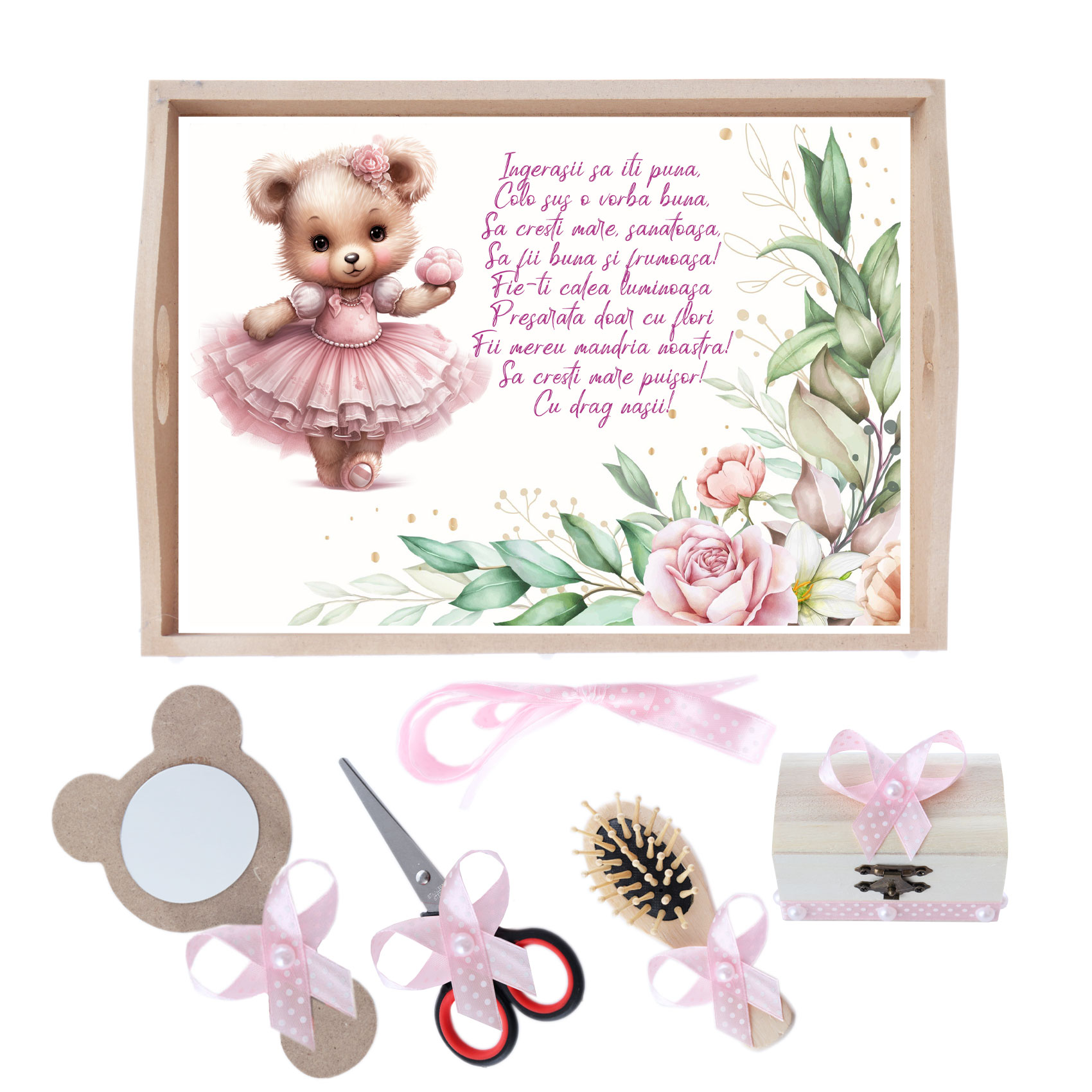 Set tava pentru taiere mot/turta la fete, model ursulet, roz, 6 piese ...