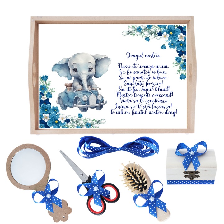 Set tava pentru taiere mot la baieti, model cu elefantel, albastru electric, 6 piese, 35x20 cm, Recostore®, REC1967/169