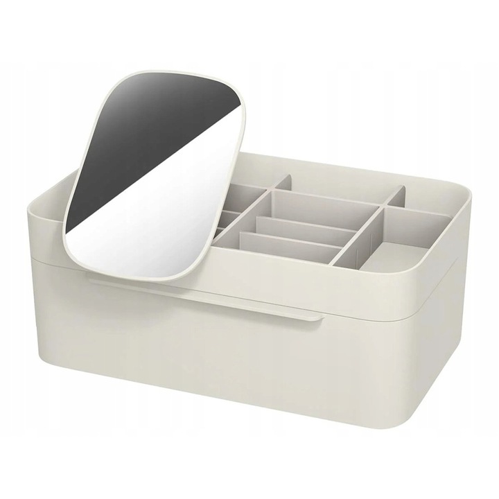 Organizator de cosmetice cu oglinda, UBX, 10 compartimente, plastic, 30x18.5x12.5 cm, alb