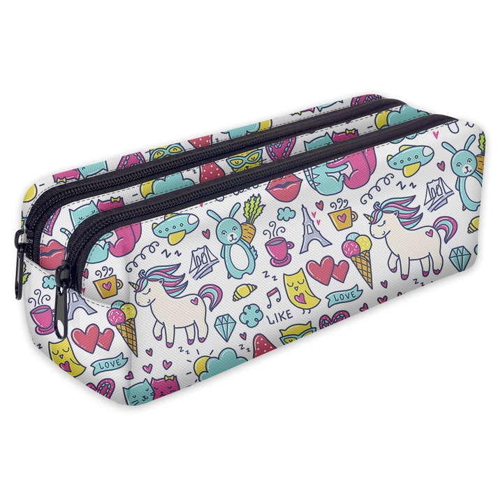 Penar scolar cu doua compartimente, fermoar, captusit, din poliester rezistent, design modern, dimensiuni 21 cm x 10 cm x 8 cm