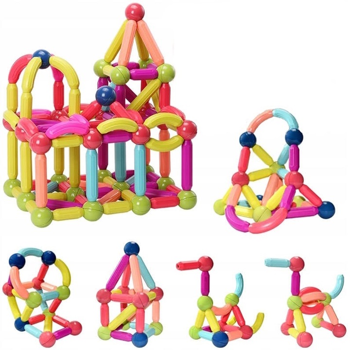 idealStore All Puzzle Magnetic Building Blocks, Образователна игра, Развива креативността, концентрацията, търпението, Триизмерни конструкции, Магнитна връзка, 46 елемента, Многоцветен