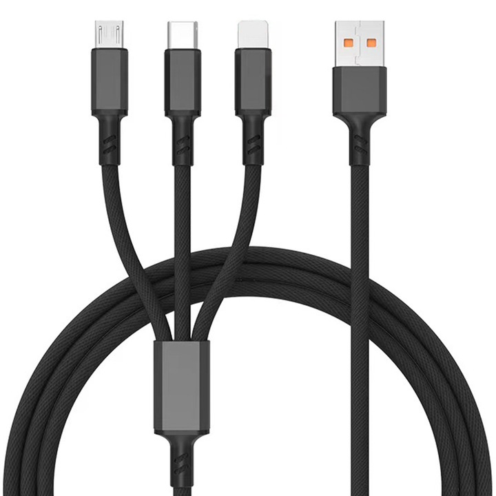 Töltőkábel 3 az 1-ben, Timebox, 40W, QC 3.0, USB, USB-C, Lighting, 1.2m, Kompatibilis iPhone, Samsung, Huawei, Fekete