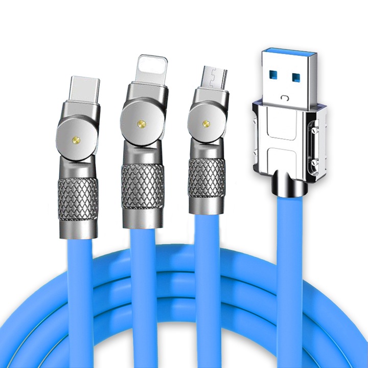 Töltőkábel 3 az 1-ben, Timebox, 120W, QC 3.0, USB, USB-C, Lighting, 1.2m, 180 Forgas, Kompatibilis iPhone, Samsung, Huawei, Kek