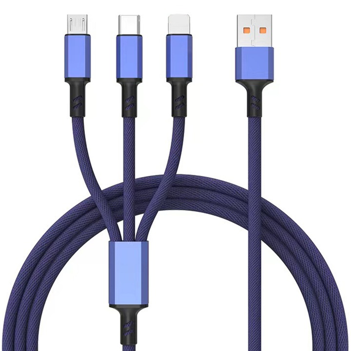 Töltőkábel 3 az 1-ben, Timebox, 40W, QC 3.0, USB, USB-C, Lighting, 1.2m, Kompatibilis iPhone, Samsung, Huawei, Kek