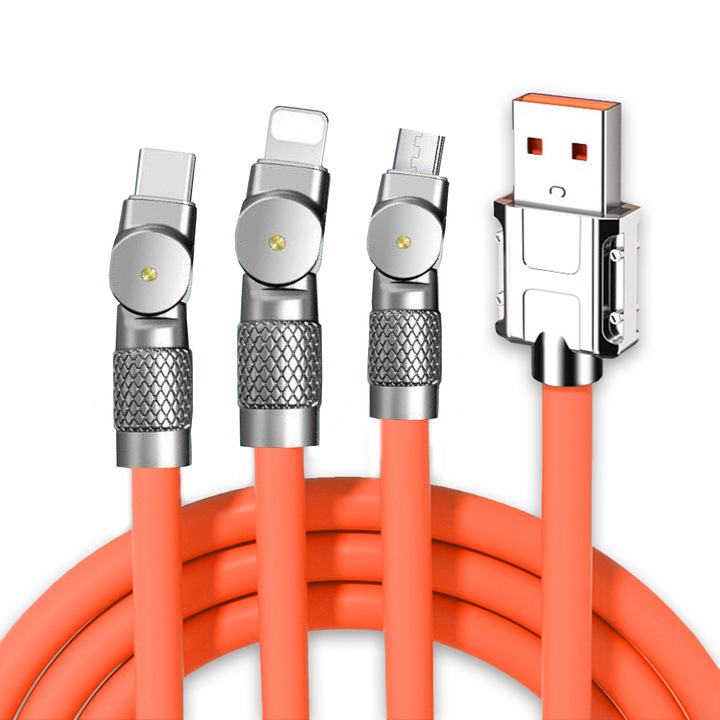 Töltőkábel 3 az 1-ben, Timebox, 120W, QC 3.0, USB, USB-C, Lighting, 1.2m, 180 Forgas, Kompatibilis iPhone, Samsung, Huawei, Narancs