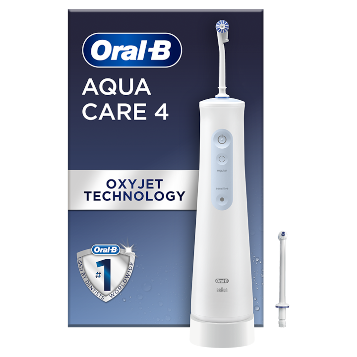 Oral-B AquaCare 4 hordozható szájöblítő, Oxyjet technológia, 2 intenzitás, 3 vízáramlás, 2 fej, vezeték nélküli, fehér