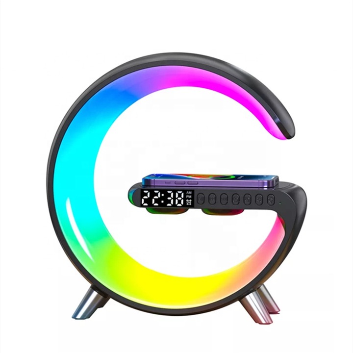Лампа SMART, LED, RGB, Мултифункционална, Две зони за безжично зареждане за Apple Watch и телефон, Bluetooth високоговорител, Гласово управление, Дисплей с цифров часовник, Амбиентна светлина, Черен