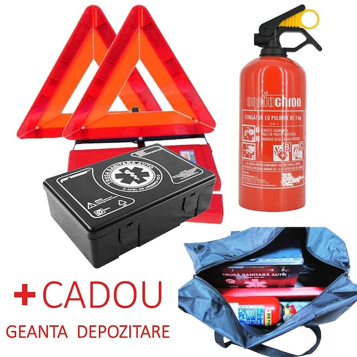 Комплект за пътна безопасност Palmonix - Аптечка за кола, 2x триъгълника, Пожарогасител + ПОДАРЪЧНА чанта за съхранение