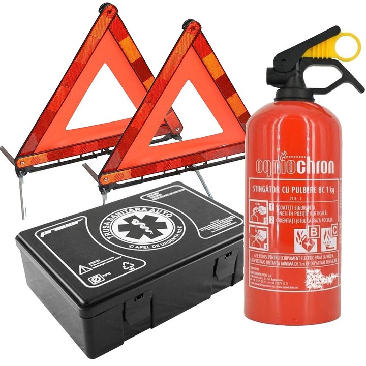Комплект за безопасност, С 1 кг метален автомобилен пожарогасител, медицински комплект, 2 пъти отразяващи триъгълника