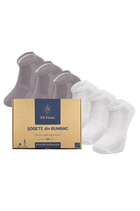 Set 6 perechi, Sosete Scurte din Bumbac Pieptanat, EB Prime, fara cusatura, respirabile si confortabile, Alb/Gri