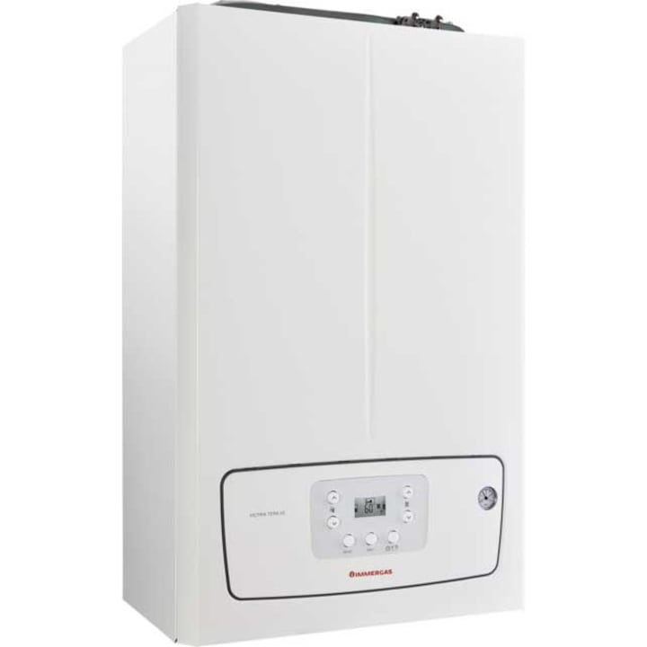 Centrala termica pe gaz in condensare Immergas Victrix Tera 24/28 V2, 24 kw, 90 grade celsius temperatura maxima, 3 bar presiune maxima circuit incalzire, 3/4” intrare-resire instalatie incalzire, IPX5D, kit evacuare inclus