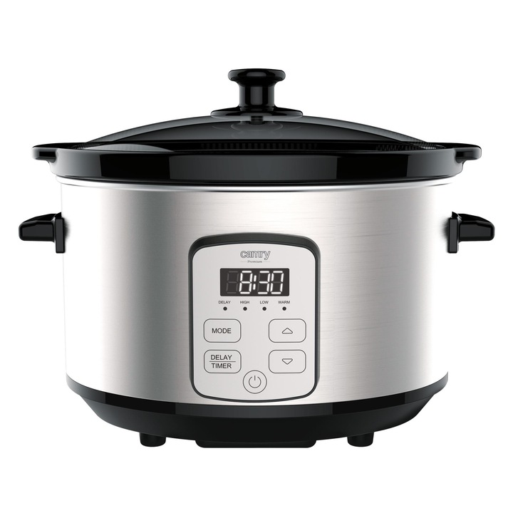 Multicooker, Camry, CR6414, Slow cooker, 270 W, 4.7 L, Afisaj LED, Cronometru, Functia De Mentinere La Cald, 2 Viteza De Cald, Argintiu/Negru