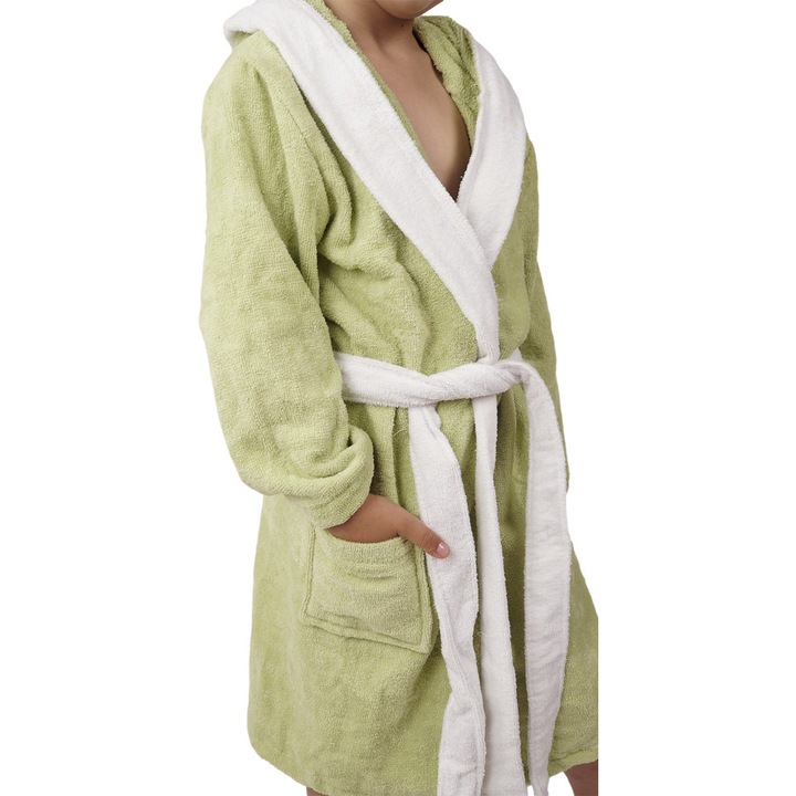 Halat de baie copii, model Muzzle, MENZ®, bumbac, gluga, agatatoare, cordon reglabil, buzunar, verde, 0-1 ani