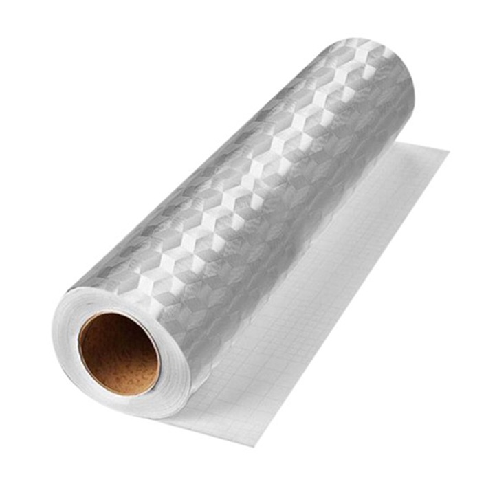 Folie de Protectie Pentru Bucatarie EDAR, Autocolanta, Autoadeziva, Rezistenta la Apa si Ulei, Design Modern, Finisaj In Relief, Argintiu, 61 x 300 cm