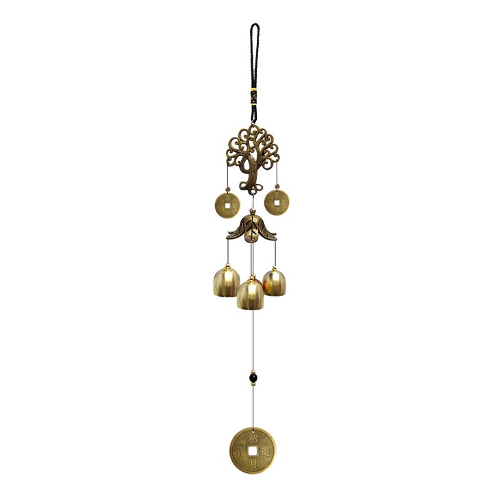 Вятърно звънче, BOMSTOM, със златни монети и дърво за късмет, 48 см, за дома или градината