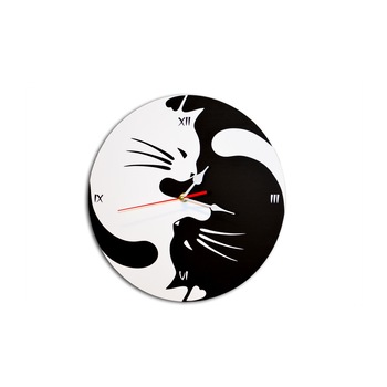 Ceas decorativ de perete rotund 30 cm cat Yin si Yang alb si negru feng shui Ceas decorativ de perete rotund 30 cm cat Yin si Yang alb si negru feng shui