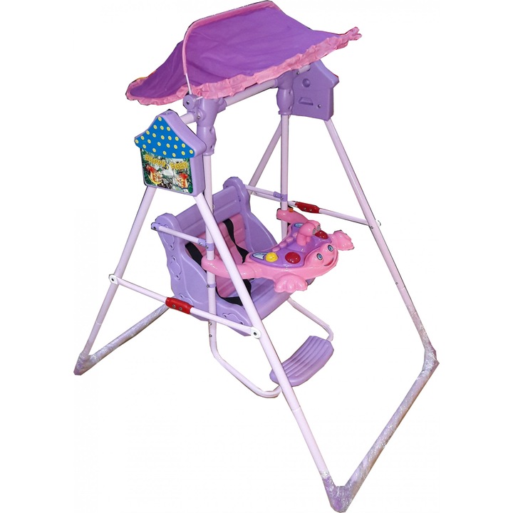 NOVOKIDS Gyerek hinta, beltéri és kültéri, babáknak, dalokkal és fényekkel, lábtámasz, biztonsági öv, béka mintás, rózsaszín