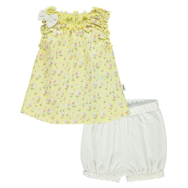 Compleu 2 piese SUNRISE cu Maieu si Pantaloni scurti bufanti pentru copii/fetite, ERAKIDS, imprimeu "Floricele", 100% bumbac premium, Galben