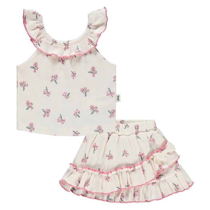 Compleu 2 piese PINKY cu Maieu si Fusta cu volanase pentru copii/fetite, ERAKIDS, imprimeu "Floricele", 100% bumbac premium, Alb/Roz pastel
