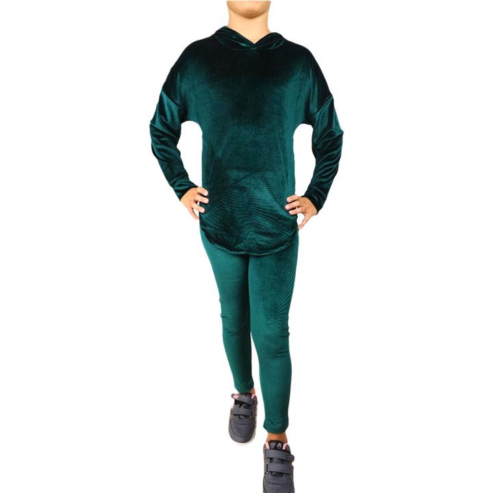 Compleu casual, Zoya Kids, din catifea, cu pantaloni slim si bluza cu gluga, Verde, Marimea 3-4 ani
