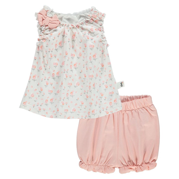 Compleu 2 piese SUNRISE cu Maieu si Pantaloni scurti bufanti pentru copii/fetite, ERAKIDS, imprimeu "Floricele", 100% bumbac premium, Roz