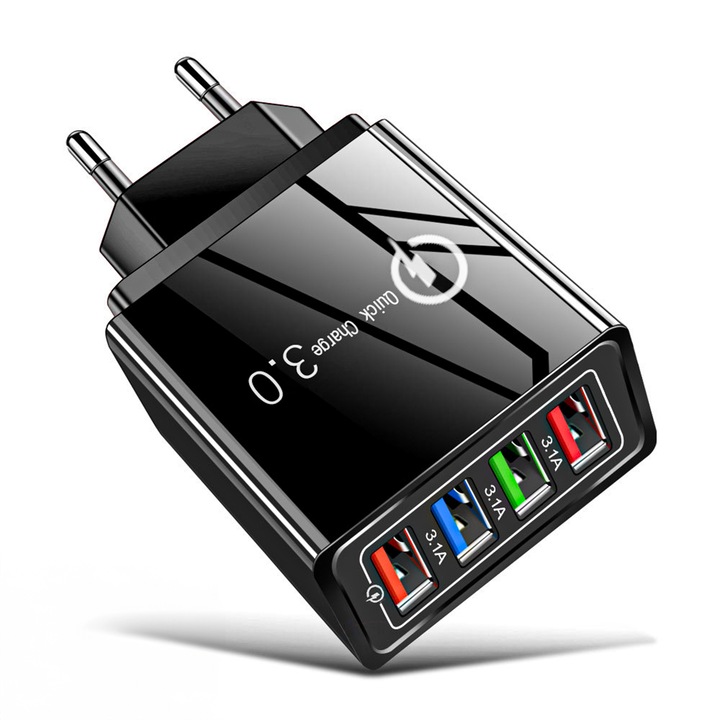 Incarcator Retea Timebox, 4 Porturi USB, Fast Charge 20W, 1 x QC 3.0, 3 x USB, Incarcator Telefon Universal, Compatibil iPhone, Samsung, Huawei, Android, Portabil, Negru