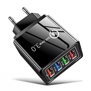 Incarcator Retea Timebox, 4 Porturi USB, Fast Charge 20W, 1 x QC 3.0, 3 x USB, Incarcator Telefon Universal, Compatibil iPhone, Samsung, Huawei, Android, Portabil, Negru