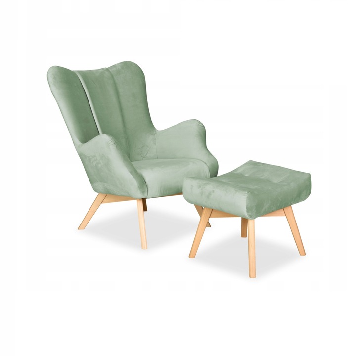 Fotoliu cu suport picioare Vika, Scandinav, Family Meble, 100x78x87 cm, Catifea/Lemn, Verde deschis