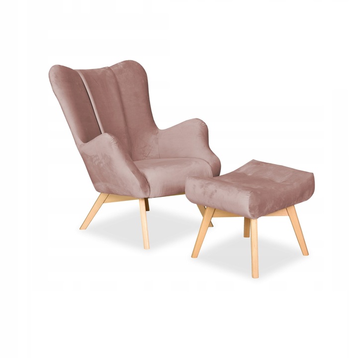 Fotel lábtartóval Vika, skandináv, családi bútor, 100x78x87 cm, bársony/fa, rózsaszín