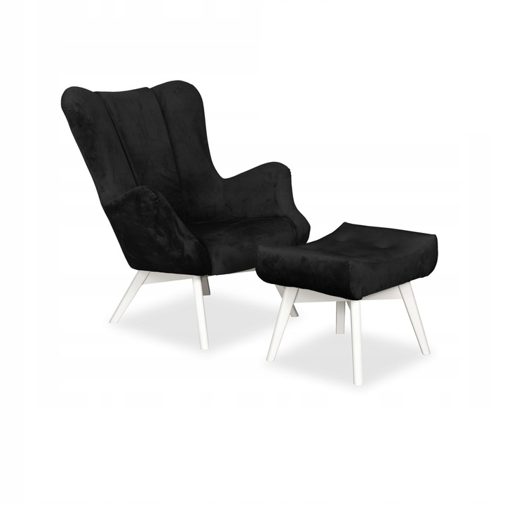 Fotel lábtartóval Vika, skandináv, családi bútor, 100x78x87 cm, bársony/fa, fekete