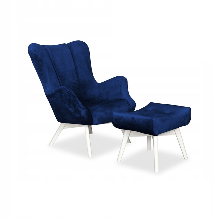 Fotel lábtartóval Vika, skandináv, családi bútor, 100x78x87 cm, bársony/fa, sötétkék