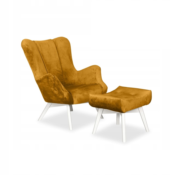 Fotel lábtartóval Vika, skandináv, családi bútor, 100x78x87 cm, bársony/fa, sötét sárga