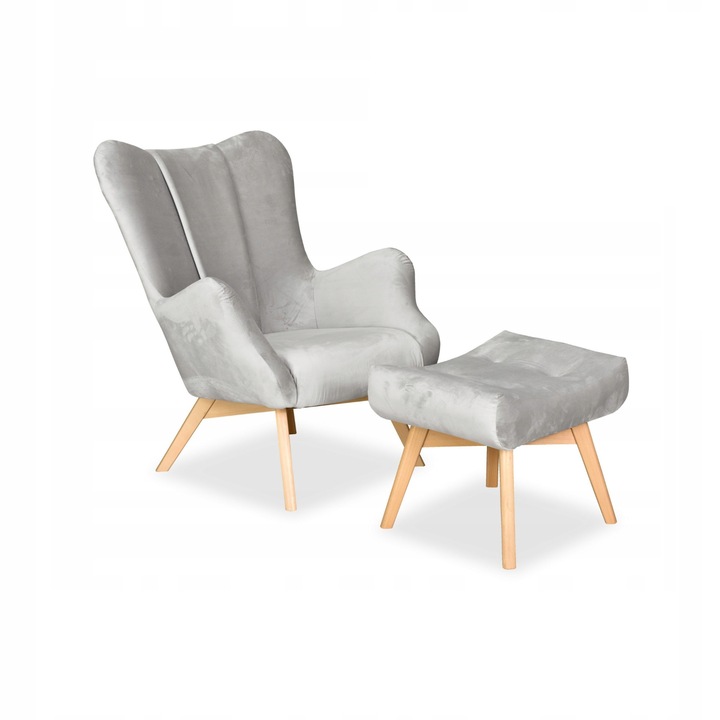 Vika fotel lábtartóval, skandináv, családi bútor, 100x78x87 cm, bársony/fa, világosszürke